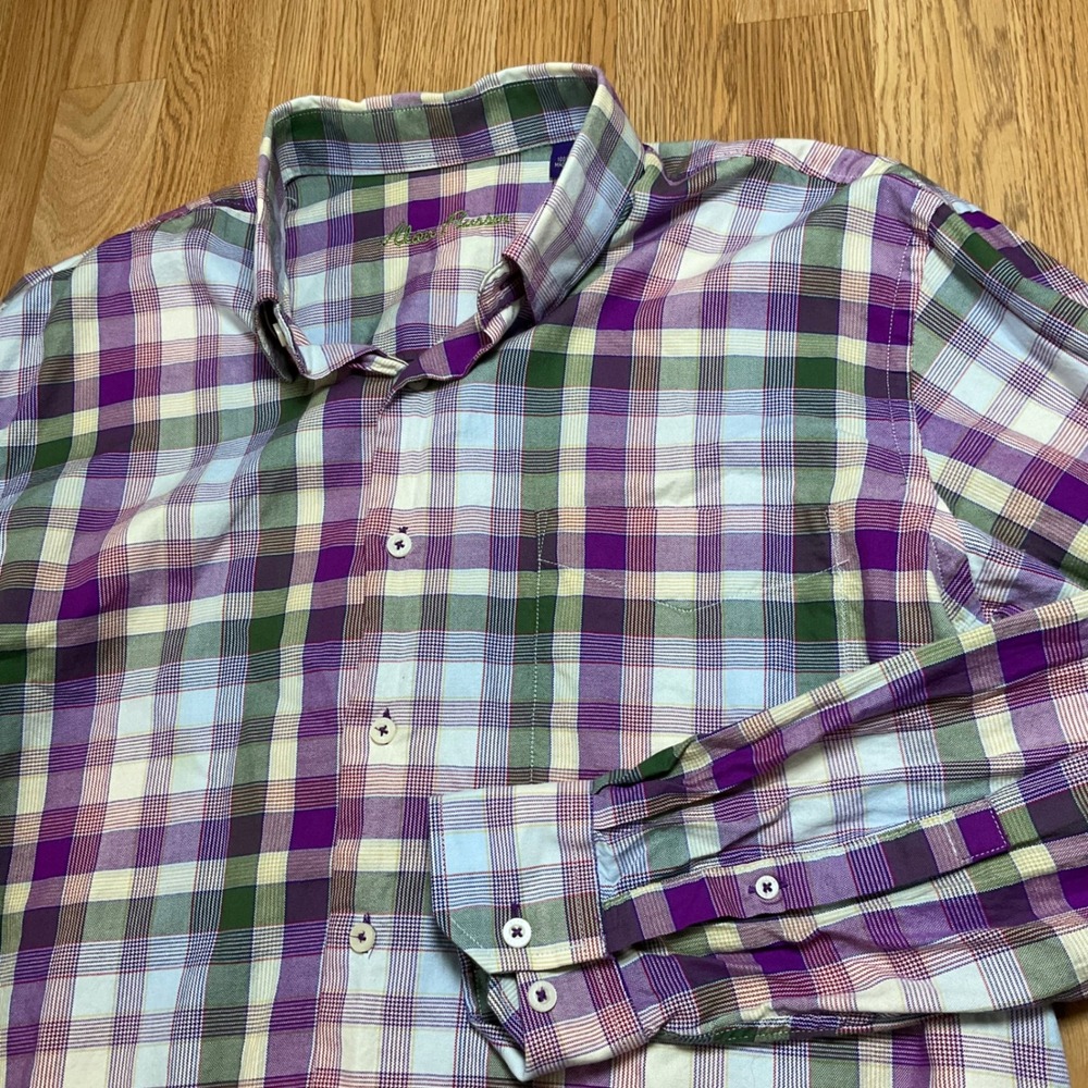 Alan Flusser Mens Large Purple Green Plaid Cotton Long Sleeve Button Down Shirt